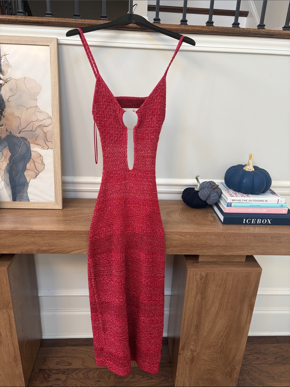 Zara Red Knit Midi Dress with Front Cutout and Spaghetti Straps S
